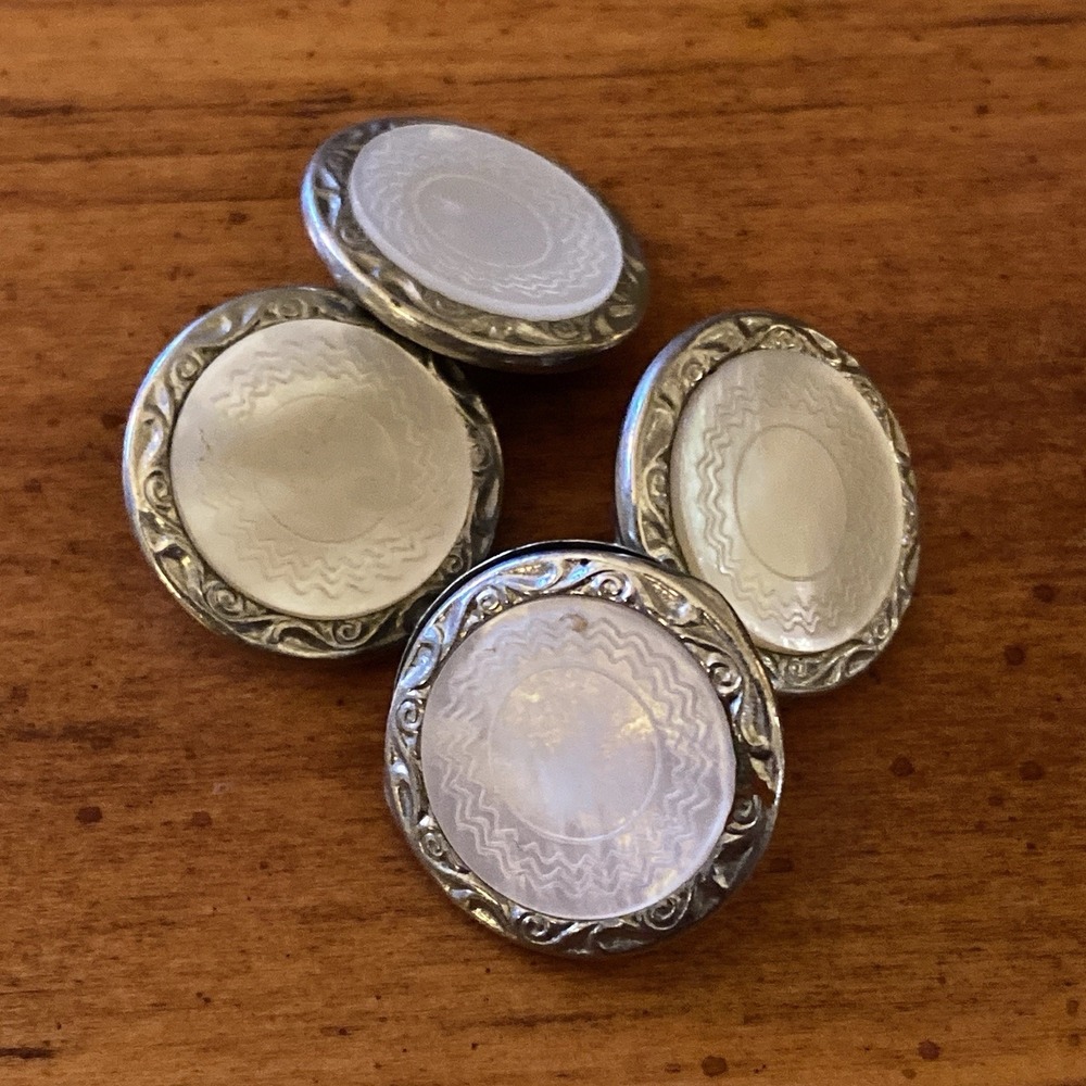 Pair of Vintage Estate Tiny Mother of Pearl Silver Tone Linked Cufflinks